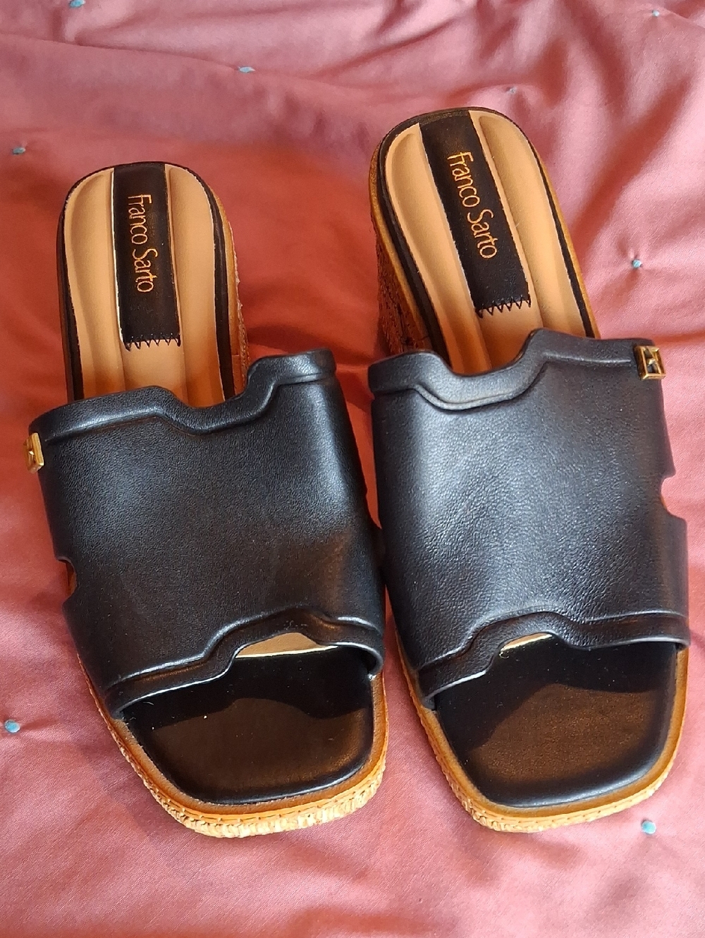 Franco Sarto Black Leather Slide Sandals with Woven Espadrille Sole